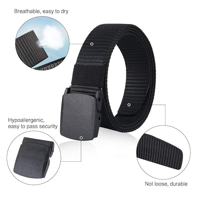 Woven Fabric Tactical Belt, Metal-Free Plastic Buckle, Airport Friendly, Free Size, Fits Waist Sizes Up to 44 Inches, Vegan Material, Unisex