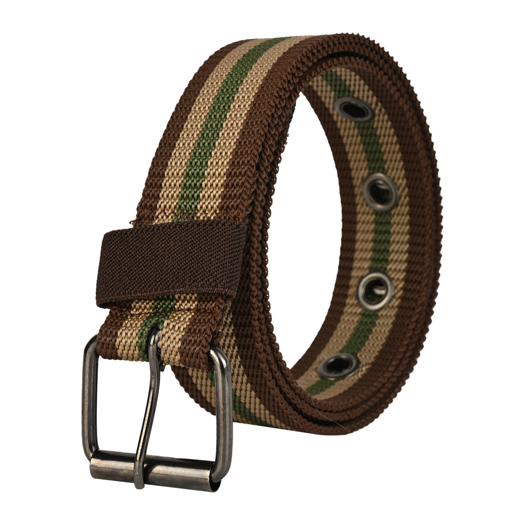 Striped belt with a metal buckle on a white background