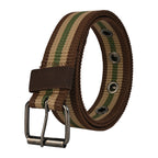 Striped belt with a metal buckle on a white background