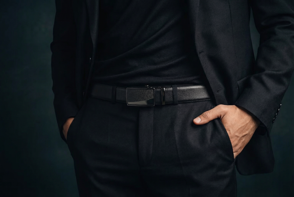 Person wearing a black suit with hands in pockets against a dark background