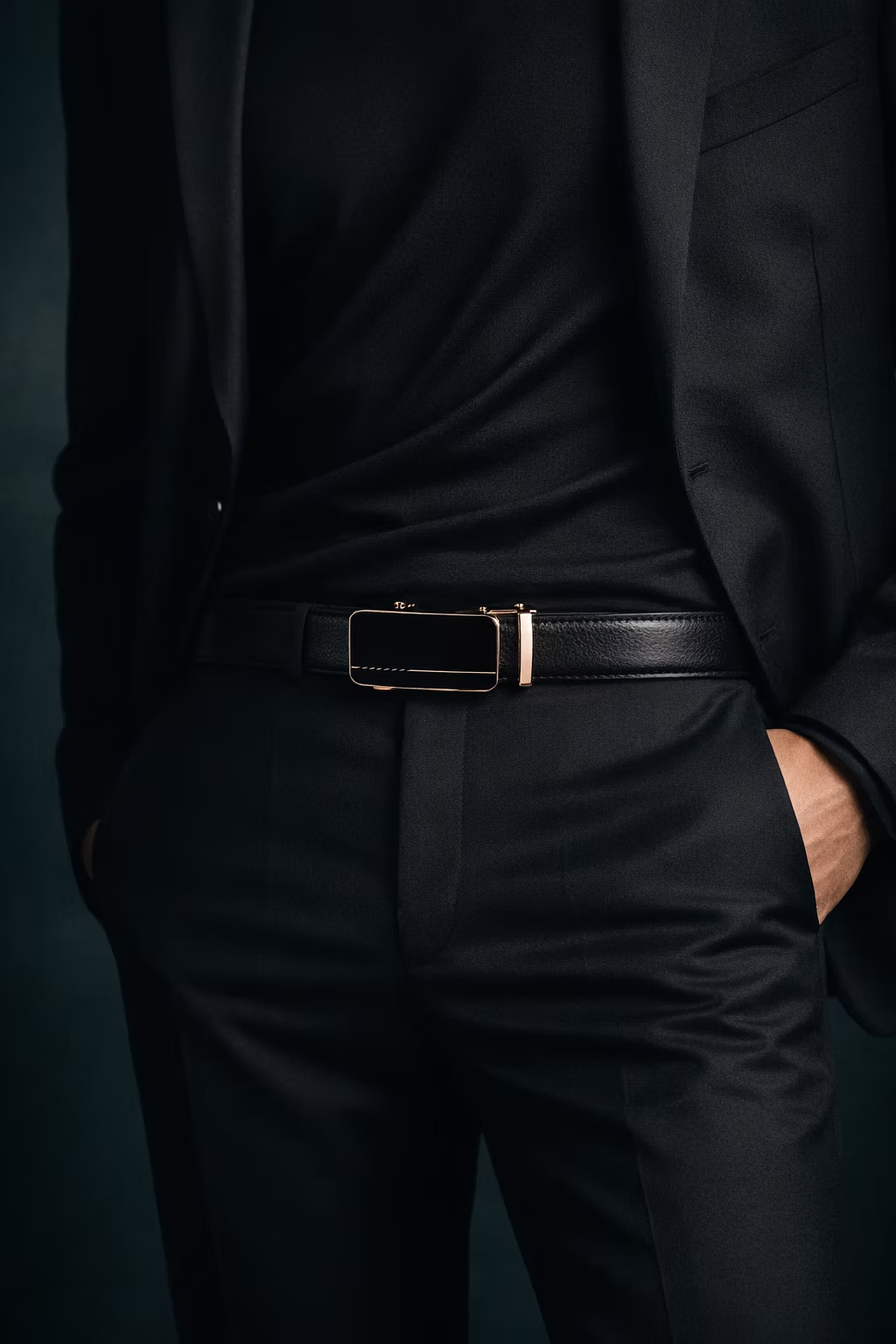Close-up of a person wearing a black suit with a gold belt buckle on a dark background